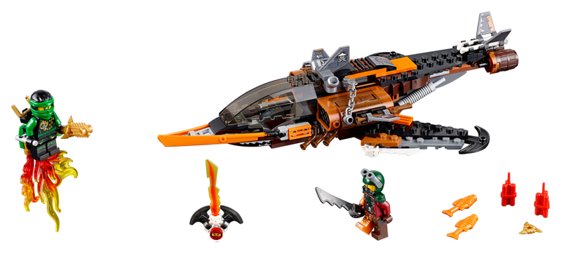 Sky Shark — $19.99 USD — 221 pieces — Send up the drone to check out this awesome jet with dangerous blades, guns and loads of cool pirate details. And beware—the Sky Shark could drop dynamite or rotten fish at any moment! Then convert the drone into a jetpack for Lloyd and launch the Ninja hero into battle. Bring down the Sky Shark and fight to free trapped Kai from the Djinn Blade!